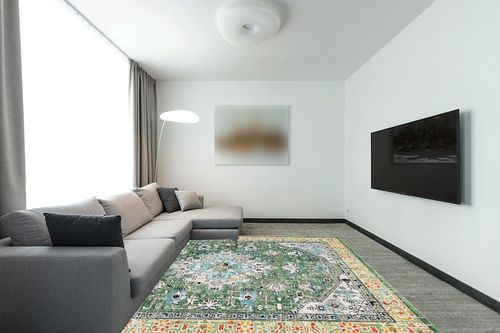 SAFAVIEH Madison Collection Area Rug - 8' x 10', Green & Turquoise, Boho Medallion Distressed Design, Non-Shedding & Easy Care, Ideal for High Traffic Areas in Living Room, Bedroom (MAD474Y) in Modern Living Room with Grey Couch