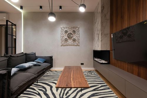Gertmenian Boho Area Rug, 8x10 Large, Home Decor for Entryway, Bedroom, Living Room, Office, Kitchen, Non Slip, Soft, Low-Pile, Printed Indoor Accent Rugs, Animal, Zebra Black White, 28536 in Dark Wood Living Room with Black Couch