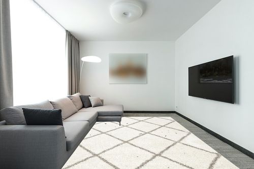 SAFAVIEH Hudson Shag Collection Area Rug - 9' x 12', Ivory & Grey, Modern Trellis Design, Non-Shedding & Easy Care, 2-inch Thick Ideal for High Traffic Areas in Living Room, Bedroom (SGH281A) in Modern Living Room with Grey Couch