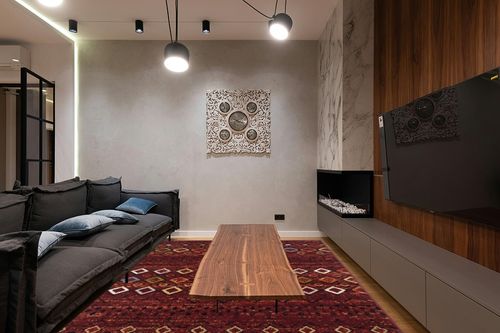 Safavieh Amsterdam, Terracotta / Multi, 8' x 10', Area Rug in Dark Wood Living Room with Black Couch