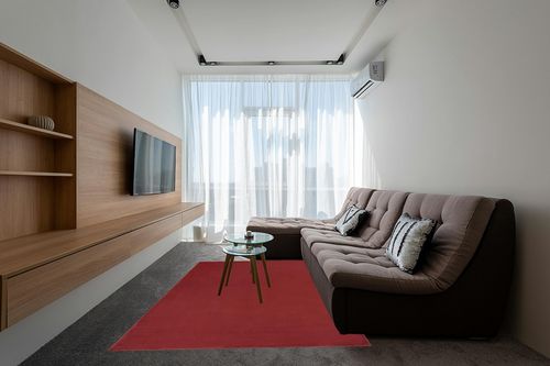 Nourison Essentials Indoor/Outdoor Brick Red 6' x 9' Area-Rug,Easy-Cleaning, Non Shedding, Bed Room, Living Room, Dining Room, Backyard, Deck, Patio (6x9) in Grey Living Room with Brown Couch