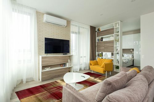Unique Loom Barista Collection Area Rug - Timor (7' 10" x 10' Rectangle, Multi/ Red) in Light Modern Living Room with TV
