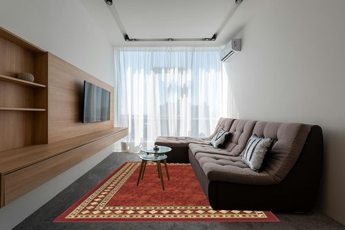Antep Rugs Alfombras Modern Bordered 8x10 Non-Skid (Non-Slip) Low Profile Pile Rubber Backing Indoor Area Rugs (Maroon Beige, 7'10" x 10') in Grey Living Room with Brown Couch