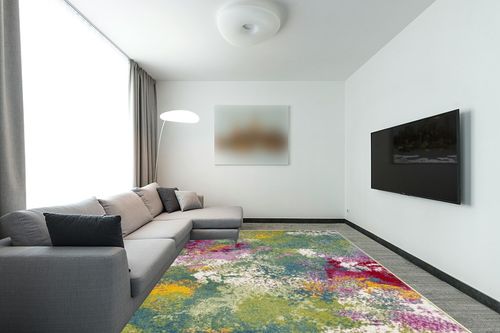 SAFAVIEH Watercolor Collection Area Rug - 9' x 12', Green & Fuchsia, Colorful Boho Abstract Design, Non-Shedding & Easy Care, Ideal for High Traffic Areas in Living Room, Bedroom (WTC697C) in Modern Living Room with Grey Couch