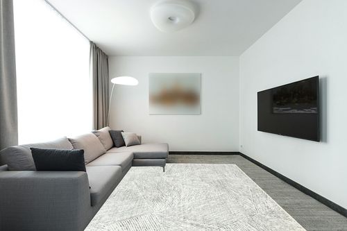 Bloom Rugs Washable Non-Slip 8' x 10' Rug - Ivory/Black Modern Geometric Area Rug for Living Room, Bedroom, Dining Room, and Kitchen - Exact Size: 8' x 10' in Modern Living Room with Grey Couch