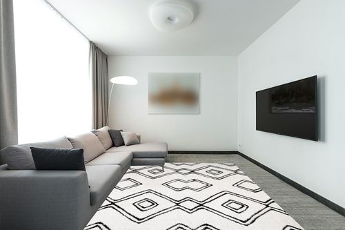 JONATHAN Y MOH401A-8 Deia Moroccan Style Diamond Shag Indoor Area-Rug Bohemian Geometric Easy-Cleaning Bedroom Kitchen Living Room Non Shedding, 8 X 10, White/Black in Modern Living Room with Grey Couch