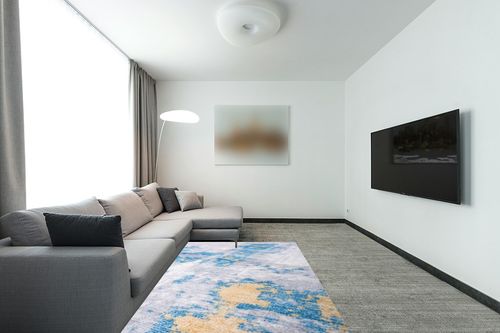 JUMAX Area Rugs Modern Abstract Ultra Soft Living Room Rug 5'x7' Stain Resistant Rugs Non Slip Low Pile Carpet Ideal for High Traffic Areas in Bedroom Dining Room(Cream/Multi) in Modern Living Room with Grey Couch