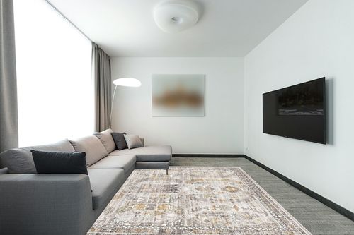befbee Washable Rug 8x10 Area Rugs for Living Room - Stain Resistant Non-Slip Backing Rugs for Bedroom,Ultra-Thin Vintage Large Area Rug (Brown/Gold, 8'x10') in Modern Living Room with Grey Couch