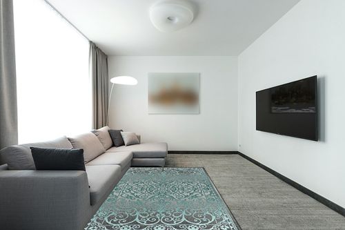 Maples Rugs Pelham Non Slip Area Rugs, Medallion Low Pile Pet-Friendly Mat for Living Room, Bedroom, and Dining [Made in USA], 5 x 7, Blue/Grey in Modern Living Room with Grey Couch
