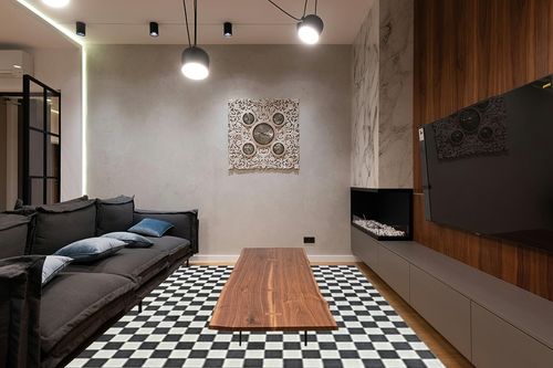 LUXE WEAVERS Geometric Checkered Gray and White 8x10 Area Rug in Dark Wood Living Room with Black Couch