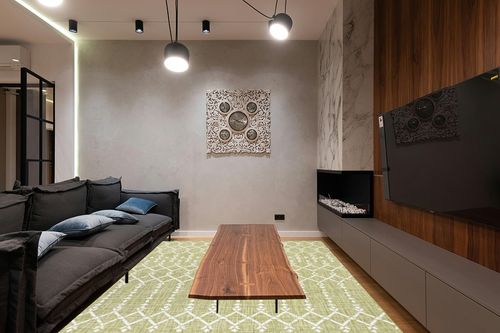 Eyely BMS108N-9 Santa Monica Ourika Moroccan Geometric Textured Weave Indoor/Outdoor Area Rug Rustic, Bedroom, Kitchen, Backyard, Patio, Easy-Cleaning, Non-Shedding, 9 X 12, Light Green/Cream in Dark Wood Living Room with Black Couch