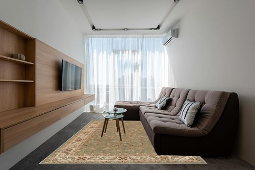 Superior Indoor Area Rug, Jute Backed Rugs for Bedroom, Living/Dining Room, Office, Entryway, Hallway, Kitchen, Traditional Floral Scroll Floor Decor, Heritage Collection, Green, 8' x 10' in Grey Living Room with Brown Couch