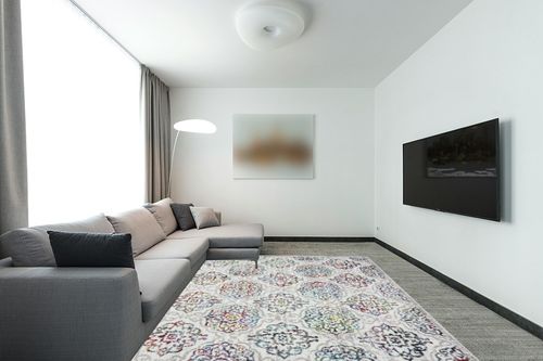 Home Dynamix Boho Andorra Transitional Damask Area Rug, Ivory/Pink, 7'9"x10'2" in Modern Living Room with Grey Couch