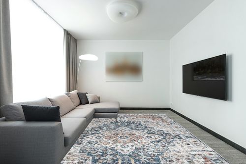 Bloom Rugs Washable Non-Slip 9x12 Rug - Terracotta/Teal Traditional Persian Area Rug for Living Room, Bedroom, Dining Room, and Kitchen - Exact Size: 9' x 12' in Modern Living Room with Grey Couch