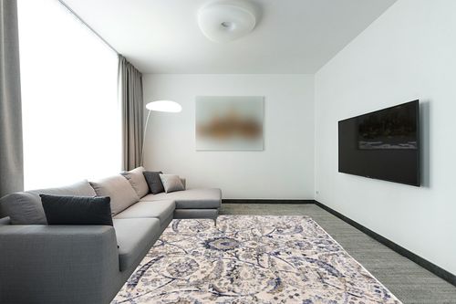 Hauteloom Erbacon Rustic Farmhouse Living Room Bedroom Dining Room Large Area Rug - Persian Style - Traditional Floral Look - Grey, Beige, Light Brown, Cream, Navy, Blue - 7'10" x 10'2" in Modern Living Room with Grey Couch