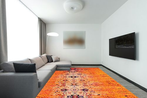 SAFAVIEH Monaco Collection 9' x 12' Orange Multi MNC209H Modern Boho Abstract Distressed Non-Shedding Living Room Bedroom Dining Home Office Area Rug in Modern Living Room with Grey Couch