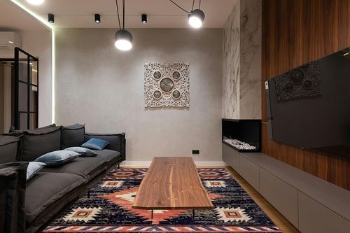 Well Woven Tulsa Lea Blue Traditional Southwestern Tribal 7'10" x 9'10" Area Rug in Dark Wood Living Room with Black Couch