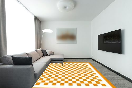Washable 8x10 Checkered Area Rug for Living Room, Orange Checkerboard Modern Boho Large Rugs, Ultra Thin Low Pile Lightweight Indoor Carpet with Non-Slip Backing for Bedroom Kids Nursery Play Room in Modern Living Room with Grey Couch