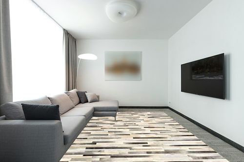 Leather Area Rug Patchwork Stripe Style in Various Sizes from Cow Hide | Luxury Carpet for Indoor use (9x12) in Modern Living Room with Grey Couch