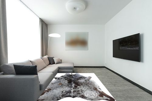 Sunshine Cowhides Genuine Salt and Pepper Longhorn Tricolor Cowhide Rug - Luxurious Cow Rug for Bedroom, Living Room, and Home Decor Enthusiasts - Stylish Masterpiece - 6x7ft (180x210cm) in Modern Living Room with Grey Couch