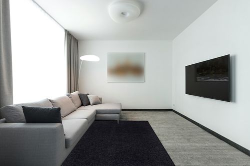 Ottomanson Solid Design Non-Slip Rubberback 5x7 Indoor/Outdoor Area Rug for Living Room, Bedroom, Dining Room, Garage, Patio, 5' x 6'11", Black in Modern Living Room with Grey Couch
