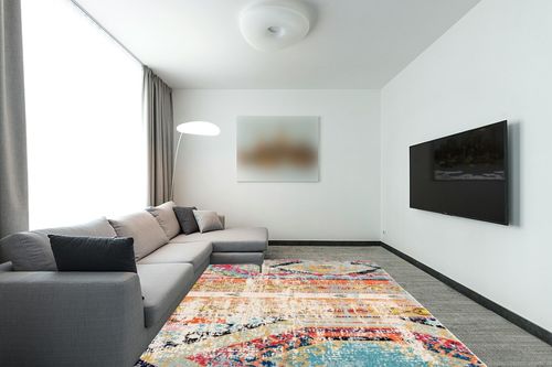SAFAVIEH Madison Collection Area Rug - 8' x 10', Blue & Orange, Boho Chic Tribal Distressed Design, Non-Shedding & Easy Care, Ideal for High Traffic Areas in Living Room, Bedroom (MAD422F) in Modern Living Room with Grey Couch