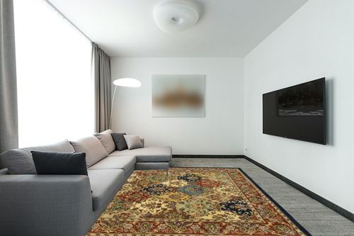 SAFAVIEH Heritage Collection Area Rug - 8' x 10', Multi & Burgundy, Handmade Traditional Oriental Wool, Ideal for High Traffic Areas in Living Room, Bedroom (HG911A) in Modern Living Room with Grey Couch