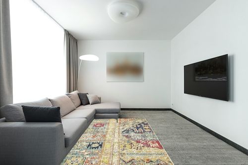 Unique Loom Monterey Collection Vintage Bohemian Inspired with Colorful Tribal Design Area Rug (5' 0 x 8' 0 Rectangular, Multi/ Beige) in Modern Living Room with Grey Couch