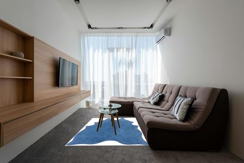 SAFAVIEH Cow Hide Collection Area Rug - 5' x 7', Blue, Genuine Natural Suede Leather Rustic Design, Non-Shedding & Easy Care, Ideal for High Traffic Areas in Living Room, Bedroom (COH800M) in Grey Living Room with Brown Couch