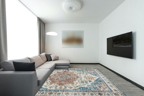 Gertmenian Boho Area Rug, 8x10 Large Home Decor for Entryway, Bedroom, Living Room, Office, Kitchen Non Slip, Soft, Low-Pile, Printed Indoor Accent Rugs Center Medallion, Soha Blue, 28513 in Modern Living Room with Grey Couch