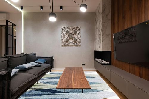 SAFAVIEH Hollywood Collection Area Rug - 8' x 10', Ivory & Blue, Mid-Century Modern Design, Non-Shedding & Easy Care, Ideal for High Traffic Areas in Living Room, Bedroom (HLW703A) in Dark Wood Living Room with Black Couch