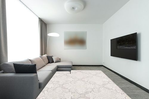 SAFAVIEH Micro-Loop Collection Area Rug - 8' x 10', Beige, Handmade Wool, Ideal for High Traffic Areas in Living Room, Bedroom (MLP539B) in Modern Living Room with Grey Couch