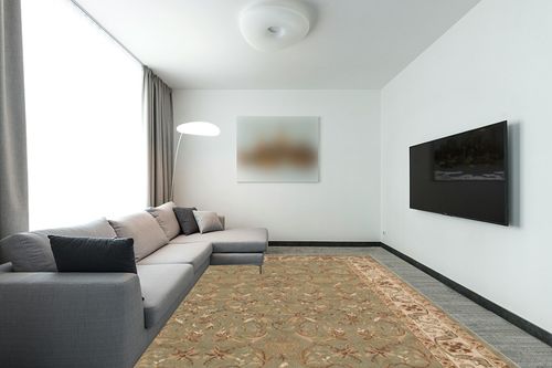 Superior Indoor Area Rug, Jute Backed Rugs for Bedroom, Living/Dining Room, Office, Kitchen, Traditional Floral Scroll Floor Decor, Heritage Collection, Green, 9' x 12' in Modern Living Room with Grey Couch