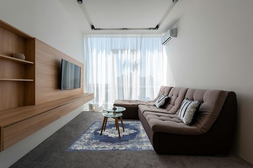 Navy Blue Modern Lightweight Living Room Area Rug in Grey Living Room with Brown Couch