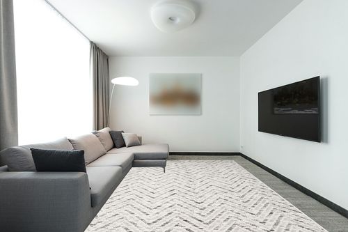 SAFAVIEH Adirondack Collection Area Rug - 9' x 12', Ivory & Charcoal, Chevron Design, Non-Shedding & Easy Care, Ideal for High Traffic Areas in Living Room, Bedroom (ADR104N) in Modern Living Room with Grey Couch