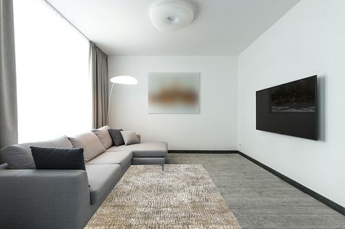 nuLOOM Chloe Abstract Contemporary Mosaic Area Rug - Beige 5' x 8' in Modern Living Room with Grey Couch
