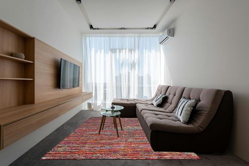 Cotton Multi Chindi Hand Woven Rugs THE BEER VALLEY in Grey Living Room with Brown Couch