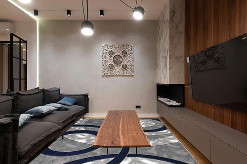 Navy Modern,contemporary Fluffy Living Room Area Rug in Dark Wood Living Room with Black Couch