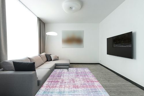 SAFAVIEH Skyler Collection 6' x 9' Silver/Purple SKY183V Modern Abstract Non-Shedding Living Room Dining Bedroom Area Rug in Modern Living Room with Grey Couch