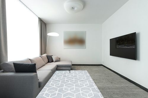 Eyely UES101C-5 Supersoft Tumbling Blocks Modern Geometric Indoor Area Rug Modern, Contemporary, Casual, Bedroom, Kitchen, Living Room, Easy-Cleaning, Non-Shedding, 5 X 8, Light Blue/White in Modern Living Room with Grey Couch
