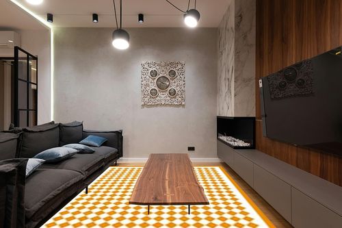 Washable 8x10 Checkered Area Rug for Living Room, Orange Checkerboard Modern Minimalist Large Foldable Rug, Ultra-Thin Low Pile Nonslip Indoor Carpet for Home Office Bedroom Playroom Classroom Dorm in Dark Wood Living Room with Black Couch