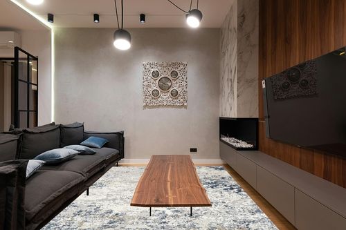 Area Rug Living Room Rugs - 9x12 Abstract Large Soft Indoor Washable Rug Neutral Modern Low Pile Carpet for Bedroom Dining Room Farmhouse Home Office - Beige Blue in Dark Wood Living Room with Black Couch