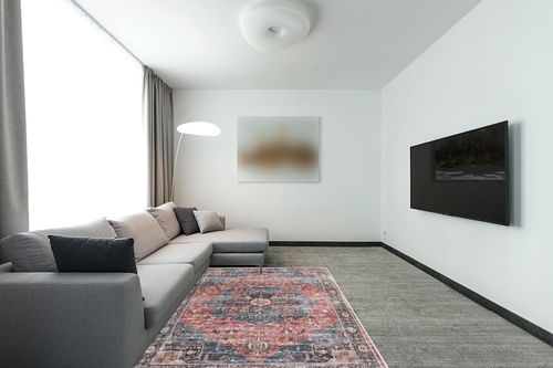 Roxstand 5x7 Area Rugs, Stain Resistant Machine Washable Area Rugs with Non-Slip Backing, Vintage Rugs for Bedroom, Living Room, Large Soft Low Pile Area Rug (Navy/Red, 5'x7') in Modern Living Room with Grey Couch