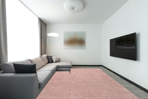 JONATHAN Y SEU100P-9 Haze Solid Low-Pile Indoor Area-Rug, Coastal, Bohemian, Minimalist Easy-Washing,Bedroom,Kitchen,Living Room,Non Shedding, Pink, 9 X 12 in Modern Living Room with Grey Couch