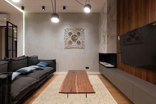 Rugs USA x Arvin Olano Melrose Checked Wool Area Rug - 6x9 Area Rug Farmhouse Cream for Living Room Bedroom Dining Room Kitchen in Dark Wood Living Room with Black Couch