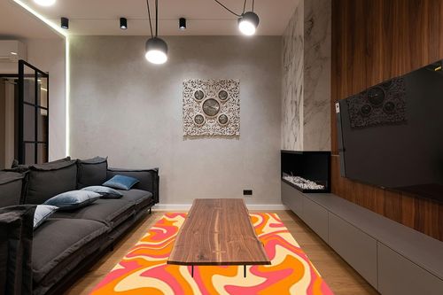 PeeNoke 1970 Wavy Swirl Seamless Orange Pink Colors Hand Drawn Seventies Style Area Rug Outdoor Patio Rug Play Mat Floor Mat Modern Carpet Non-Slip Home Decor Living Room Bedroom Nursery, 6x9 ft in Dark Wood Living Room with Black Couch