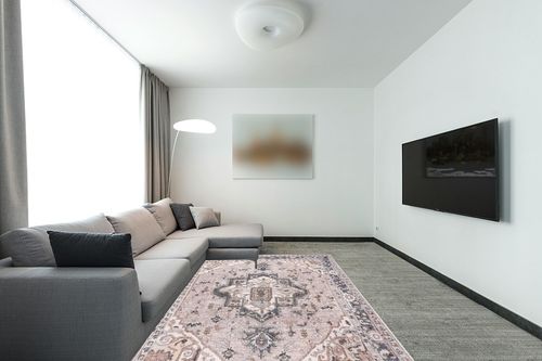 nuLOOM Sasha Machine Washable Medallion Area Rug, 6x9, Pink in Modern Living Room with Grey Couch