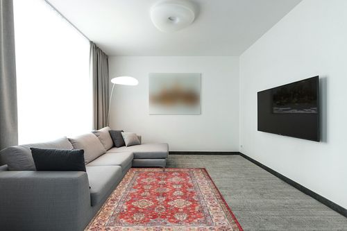 Nourison Fulton Persian Red 5' x 7' Area -Rug, Easy -Cleaning, Non Shedding, Bed Room, Living Room, Dining Room, Kitchen (5x7) in Modern Living Room with Grey Couch