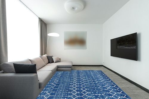 JONATHAN Y Moroccan Hype Boho Vintage Diamond, Bohemian, Easy-Cleaning, for Bedroom, Kitchen, Living Room, Non Shedding Area-Rugs, 8 X 10, Blue/White in Modern Living Room with Grey Couch