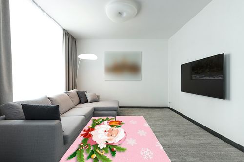 Pink Christmas Area Rug 5 x 8, Washable Bedroom Rug Non-Slip Kitchen Rugs Non Shedding Floor Cover Mat Runner Rug for Living Room Dining Room Outdoor Carpet Santa Claus Pine Needle Snowflake in Modern Living Room with Grey Couch
